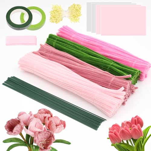 Juego de 300 limpiadores de flores de tubo: 4 colores vivos con alambre verde, cinta y hojas decorativas | Perfecto para floristería, decoración de mesas y manualidades