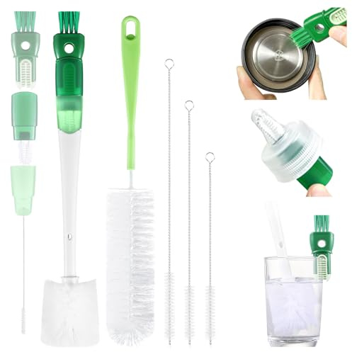 XYFuuee 5 Pack Bottle Brush Set, 5 in 1 Water Bottle Cleaning Brush, Long Handle Narrow Wine Cup Cleaner, 3 Straw Brushes for Stanley, Travel Nipple Lid Gap Detail Washer Brush