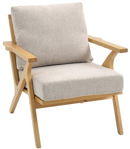 HOMCOM Fauteuil Salon Scandinave Tissu Effet Lin avec Coussins Épais Beige