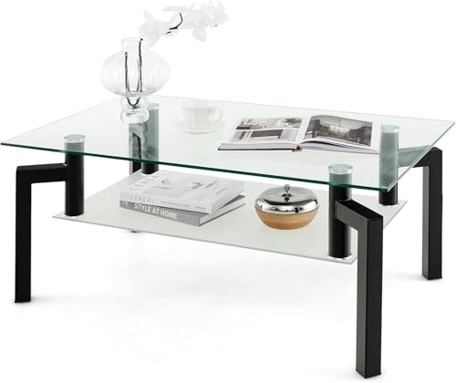 GOPLUS Mesa de Centro Cristal de 2 Niveles, 100x60x43CM, Mesa Auxiliar Rectangular con Estante Abierto, Carga 90KG+30KG, Mesa de Cafe Moderna para Salon