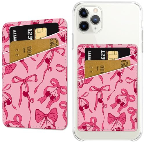 CREATCABIN Self Adhesive Phone Card Holder Leather Phone Credit Card Holders PU Leather Bowknot Bow Pattern Stick on Storage Wallet Sleeve Pocket Pouch Compatible for Most Mobilephone 3.7 x 2.6 Inch