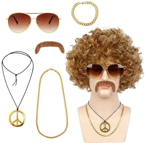 6 Stück 70er Jahre Outfit Herren, 80er 90er Jahre Outfit mit Afro Perücke Sonnenbrille Schnurrbart Halskette Armband Hippie Kostüm Herren Hippie Accessoires, für Kostümfeste Cosplay, Halloween