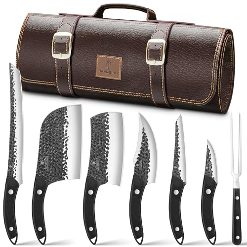 8-Teilig Metzgermesser Set, Profi Fleischmesser Set mit Lederrolltasche | Japanisches Küchenmesserset Handgeschmiedetes Scharfes Edelstahl Schneidemesser für Outdoor Camping BBQ, Geschenk Männer