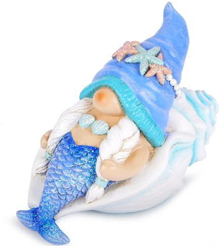 ZAWUU Sleeping Mermaid Gonk in Clamshell Ornament, Resin Coastal Decoration for Bathroom and Garden, Nautical Blue Beach Theme Figurine for Conservatory and Windowsill
