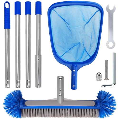 Juego de limpieza de piscina con extremos redondeados, red de red de red fina y barra ajustable de acero inoxidable de 160 cm; escoba de piscina, colador fino para limpieza de estanques de piscina (A)