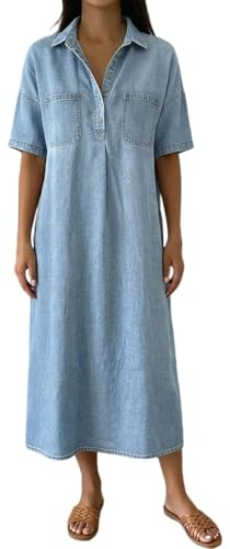 Denim Shirt Dress for Women Loose Fit Short Sleeve Button Down Polo Shirts Business Office Work Midi Long Shirt Blouses Summer Casual Comy Solid Denim Dresses for Women