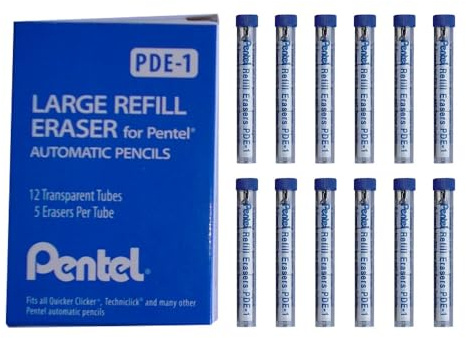 Pentel Refill Eraser for AL, Ax and PD Series Pencils 5 Pcs/Tube, Box of 12 (PDE-1)