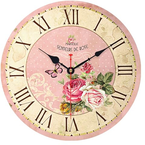 VIKMARI Batteridriven, tyst, icke-tickande väggklocka i vintagedesign, trä, rund, romerska siffror, inomhusklockor, ros, rosa stil, väggklocka, 35 cm