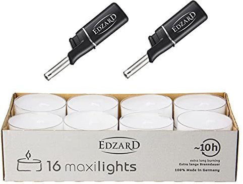EDZARD 16 Maxilights, velas de té Maxi ø 54 mm, blancas, sin fragancia, cubierta de plástico transparente incoloro, tiempo de combustión 10 horas - más 2 mini encendedores de varilla longitud 11 cm