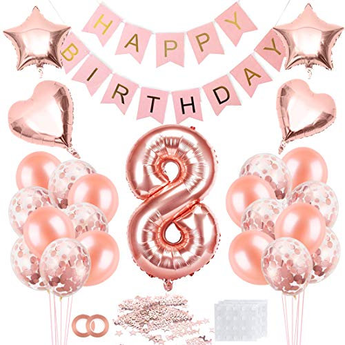 Bluelves 8 Jahr Geburtstag Mädchen, 8 Geburtstag Mädchen Rosegold, Luftballon 8 Geburtstagsdeko Happy Birthday Banner, Konfetti 8 Geburtstagsdeko Rosegold