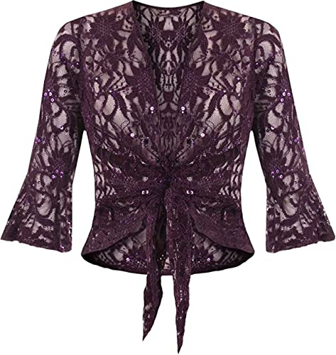 TrendyFashion Boléro court à manches courtes 3/4 pour femme en dentelle florale à paillettes, violet, 46