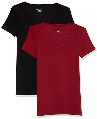 Amazon Essentials Women's Kortärmad V-ringad T-shirt smal passform, Pack of 2, Svart/Vinröd, XL