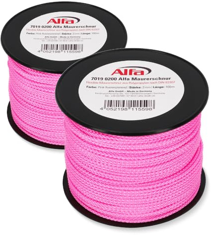 2X Alfa Maurerschnur Pink 100 m – Ø 2 mm Bauschnur aus Polypropylen | Profi-Qualität - Reißfeste Richtschnur und Pflasterschnur zum Mauern und Fluchten - wetterfeste Lotschnur auf Spule