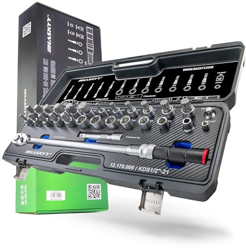HASKYY - Juego de llaves dinamométricas 1/2 50-350 Nm para automóvil con mucho accesorio como barra de extensión, puntas, insertos de tuercas, adaptadores