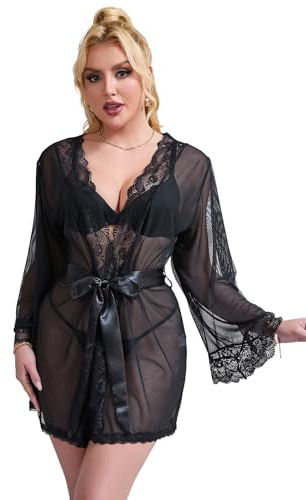 ohyeahlady Öppen kimono dam nattlinne långärmad babydoll spets med bälte badrock nattlinne