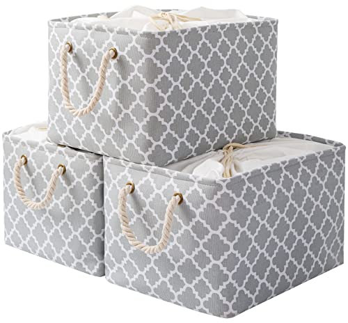 OUTBROS Aufbewahrungsbox 33 x 23 x 20 cm Stoff Aufbewahrungskorb mit Kordelzug und Griff, Faltbarer Boxen Aufbewahrung(Laterne/Grau, 3-Pack)