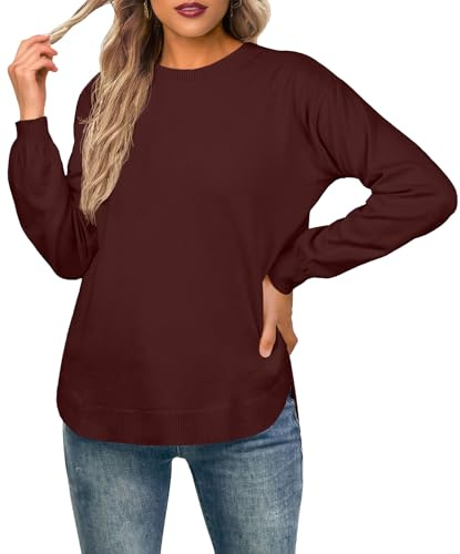 GRECERELLE Suéter de manga larga para mujer, ligero, cuello redondo, suéter casual de punto suave para mujer, rojo vino, L