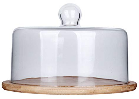 Wensmy Wooden Cake Stand With Dome Lid Glass Dome and Wooden Base Dessert Tray Cake Plate - Square and Round Cupcake Plate With Lid Salad Bowl Snack Tray Serving Platter For Wedding Party (21.5cm)