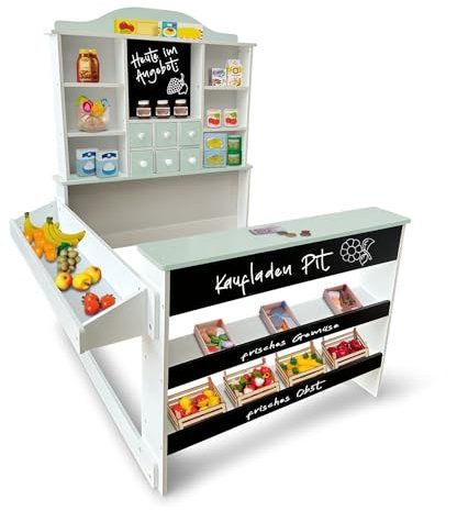 Coemo Kaufladen Pit aus Holz mit Preisschildern, wahlweise mit Spielkasse Linus, Kaufladen-Zubehör:ohne Kassen-Zubehör, Farbe:Grün