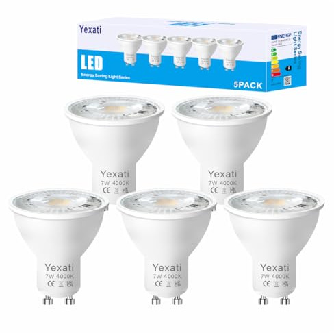 Yexati Ampoule Led Gu10,7w(équivalent halogène 50w), Sans Scintillement Spot 550 lumens,Nature blanche 4000K,Non Dimmable,AC 220-240V,Angle de Faisceau 120°,Lot de 5