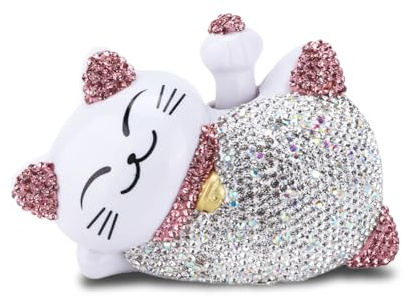 Leopacat Lucky Cat, Fortune Cat with Waving Arm Good Luck Wealth Welcoming Cats Bling Rhinestone Car Interior Decoration Solar Powered Feng Shui Ornament Universal Center Console Set (Pink)