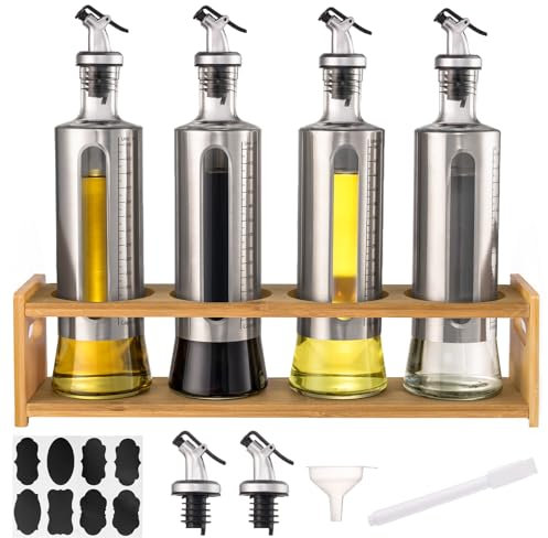 YBCPACK Essig und Ölflaschen Set mit Ausgießer, Ölspender Glas zum Befüllen, 4x500ml Oliveöl Flaschen mit Bambusständer für Öl und Essig, Olivenöl