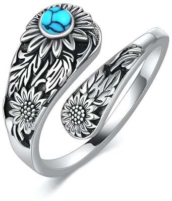 Sunflower Spoon Rings 925 Sterling Silver Adjustable Vintage Boho Turquoise Sunflower Thumb Rings Sunflower Jewelry Flower Birthday Gifts for Women Girls