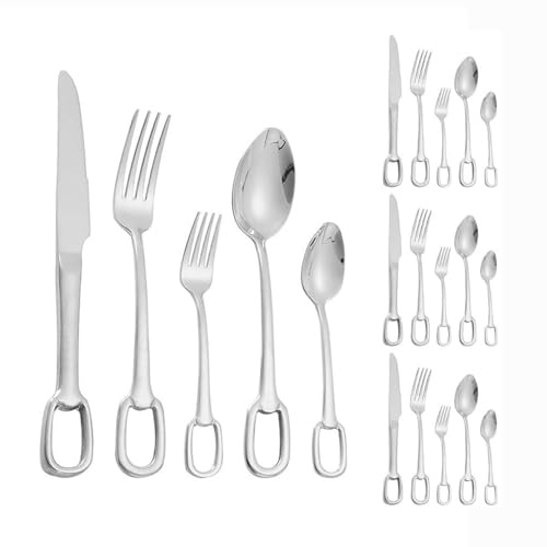 Kitchen Circular Hanging Hole Handle Stainless Steel Silverware Tableware Flatware Cutlery Set Steak Knife Fork Spoon Teaspoon (Silver,20 pieces)