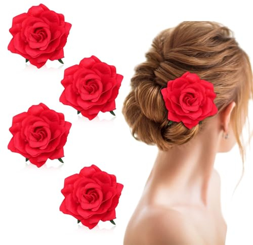 FUIPVGI 4 Pièces Pince Cheveux Fleur Roses Rouges Épingles Cheveux Broche Fleur Accessoires, Fasciner Barrette Chapeaux Floral pour Carnaval Mariage Danseuse De Flamenco Femmes et Filles (Rouge)