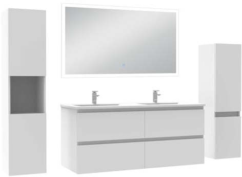AICA Ensemble Meuble Salle de Bain 120cm Double Vasque avec Colonne et Miroir Lumineux dimmable Blanc