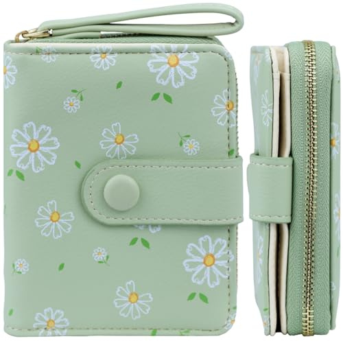 Farcauo Portemonnaie Damen Geldbeutel Frauen Geldbörsen Klein Damen Portemonnaie Mini Geldbörse Grüne Blumen Design Geldbörsen Frauen mit Ausweisfach und Kartenhüllen Klein Portmonee