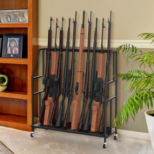 Nandae Gun Racks, Floor Standing Shotgun Rack Indoor Outdoor, Heavy Duty Metal Frame Wooden Rifle Racks with Wheels, Vertical Display Stand for Home Garage Gun Storage - Holds up to 10 Long Guns