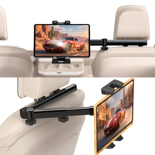 PEMOTech Surfplattehållare, bil, starkare lastkapacitet, surfplattehållare, bil, tvåaxlig utdragbar bilsurfplattehållare, nackstöd, anti-stöt surfplatta för iPad, switch, 4,7–13 tums enheter
