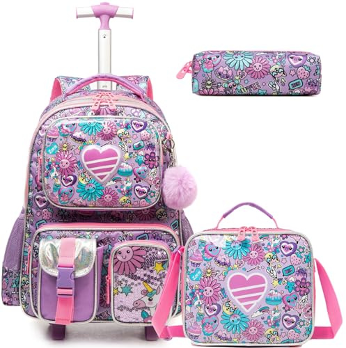 Egchescebo Kids Rolling Backpack for Girls Love Suitcases Trolley Roller Luggage Backpacks on Wheels with Lunch Box Pencil Case for Elementary Multiple Function Pockets Travel school Bag Red