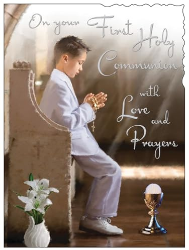 Jonny Javelin First Holy Communion Congratulations Card for Boys - Communion Congratulations Card with Artistic Boy in Church Design and Embossed Foil Details