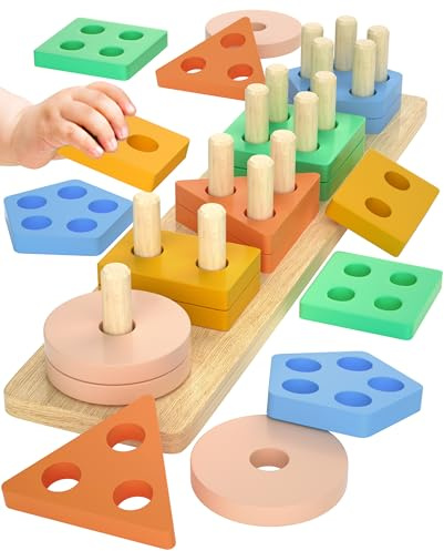 Holz Montessori Spielzeug ab 1 2 3 Jahre Kinder Spielzeug Steckspiel ab 2 | Motorik Lernspielzeug Stapelspielzeug und Sortierspielzeug,Spielzeug Geschenk für Jungen Mädchen Pastellfarben