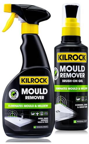 Mould and Mildew Remover Spray and Gel with Brush | Powerful Cleaning Formula for Bathroom, Kitchen, Tile and Grout | Deep Action Mould Cleaner for Walls, Seals and Surfaces | 2 Pack