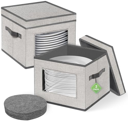 VERONLY China Storage Containers With Lid and Handles, Dinnerware Storage Box for Dishes with 12 Felt Dividers, Hold 24 Plates, 30.5X30.5X20.3 CM, Set of 2, Light Grey