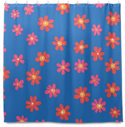 miaozhen Tenda da doccia in materiale impermeabile, 182 x 182 cm, con gancio, piccoli fiori di corallo, sfondo blu, tessuto in poliestere lavabile, semplice tenda per vasca da doccia cortinas para ba