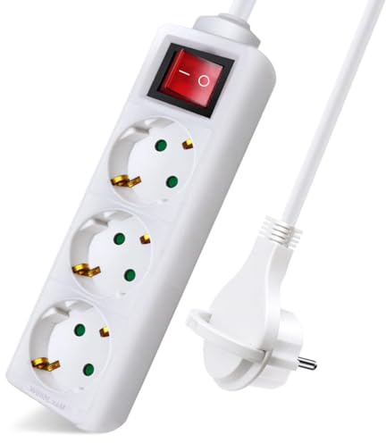 EXTRASTAR Regleta Alargador con 3 Enchufes e Interruptor, Cable 3M Clavija Plana, para el hogar, Oficina y Viajes, 16A, 250V, 3680W, Blanco