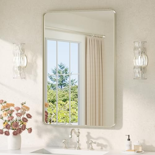 TETOTE 60x90cm Wandspiegel Nickel Ohne Beleuchtung, Rechteckig Badspiegel mit Runder Ecke, Metallrahmen Badezimmer Spiegel für Waschbecken, Gehärtetes Glas Dekorative Spiegel
