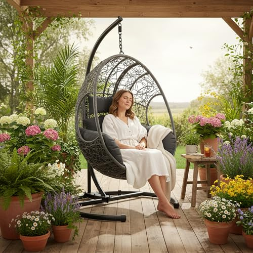TerraVoy Hanging Egg Chair with Stand, Outdoor Swing Egg Chair with Rain Cover, 400 LBS Capacity All-Weather PE Wicker Swing Chair with Waterproof Cushions