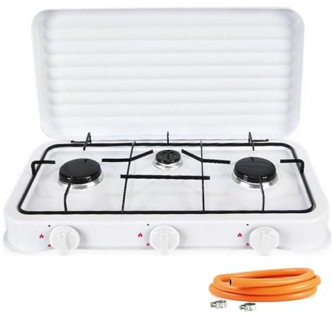 Cocina Hornillo de gas portatil para camping y exterior con 3 quemadores, placa de gas con tapa protectora, manguera de presión para butano incluiddo.