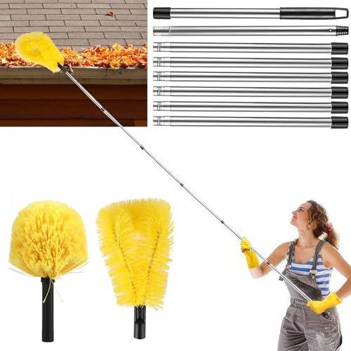 2-in-1 Gutter Cleaning Tools, 320cm Telescopic Roof Cleaner with Round Brush and Curved Brush Eaves Cleaning Brushes with 8 Poles Telescopic Gutter Cleaner for Ceiling Eaves Spider Webs Dust Leaves