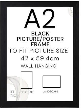 EMPORIUM RETAIL FRAMES Black A2 Picture Frame - A2 Black Photo Frame Wood, Styrene Acrylic Glass, MDF Back & Hooks - Portrait or Landscape - Ideal for Gallery Wall Decorations - 42x59.4cm