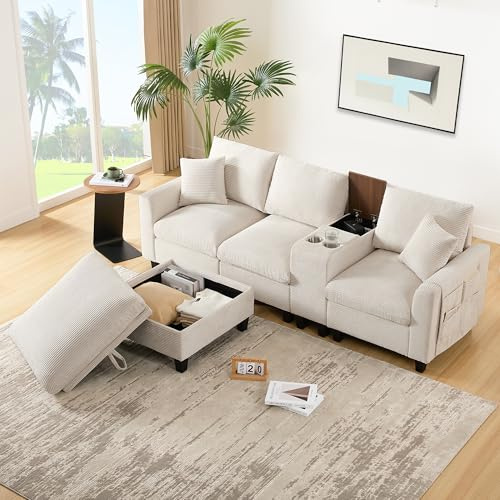 Mrwoo Sofá Esquinero Moderno en Forma de L, Sofá Convertible con Consola, 2 Portavasos, Puertos de Carga-USB, Bolsa de Almacenamiento y Cojines de Reposabrazos, Tela de Pana, Color Beige