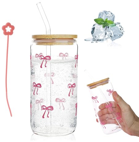 Iced Coffee Cup,17.6oz (500ml) Glass Cups with Lid and Straw,Water Bottle | Pink Bow Cute Drink Matcha Glass Tumbler, for for Juice,Milk，Cocktail，Girls Women Gifts