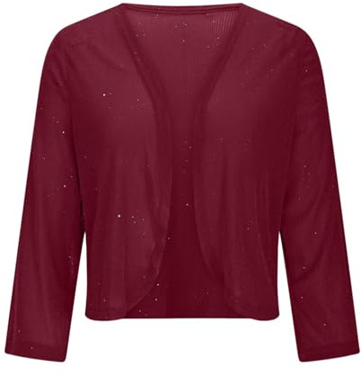 Glittertoppar damer paljetter, bolero damer festlig med glitter kofta elegant bomberjacka glänsande långärmad casual toppar cropped axelremsväska mode kofta öppen party outfit, vin, M
