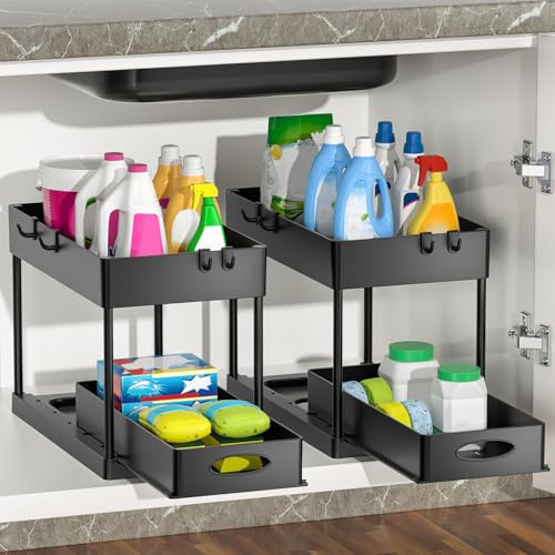 umvo Under Sink Storage 2 Pack, 2 Tier Pull-Out Under Sink Organiser with 4 Hooks, Multi-Purpose Sliding Under Cupboard Organiser for Kitchen, Bathroom, Black