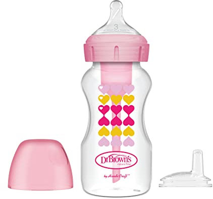 Dr. Brown’s Natural Flow Options+ Sippy Bottle Starter Kit, Wide-Neck, 9 oz/270 ml - Pink Hearts